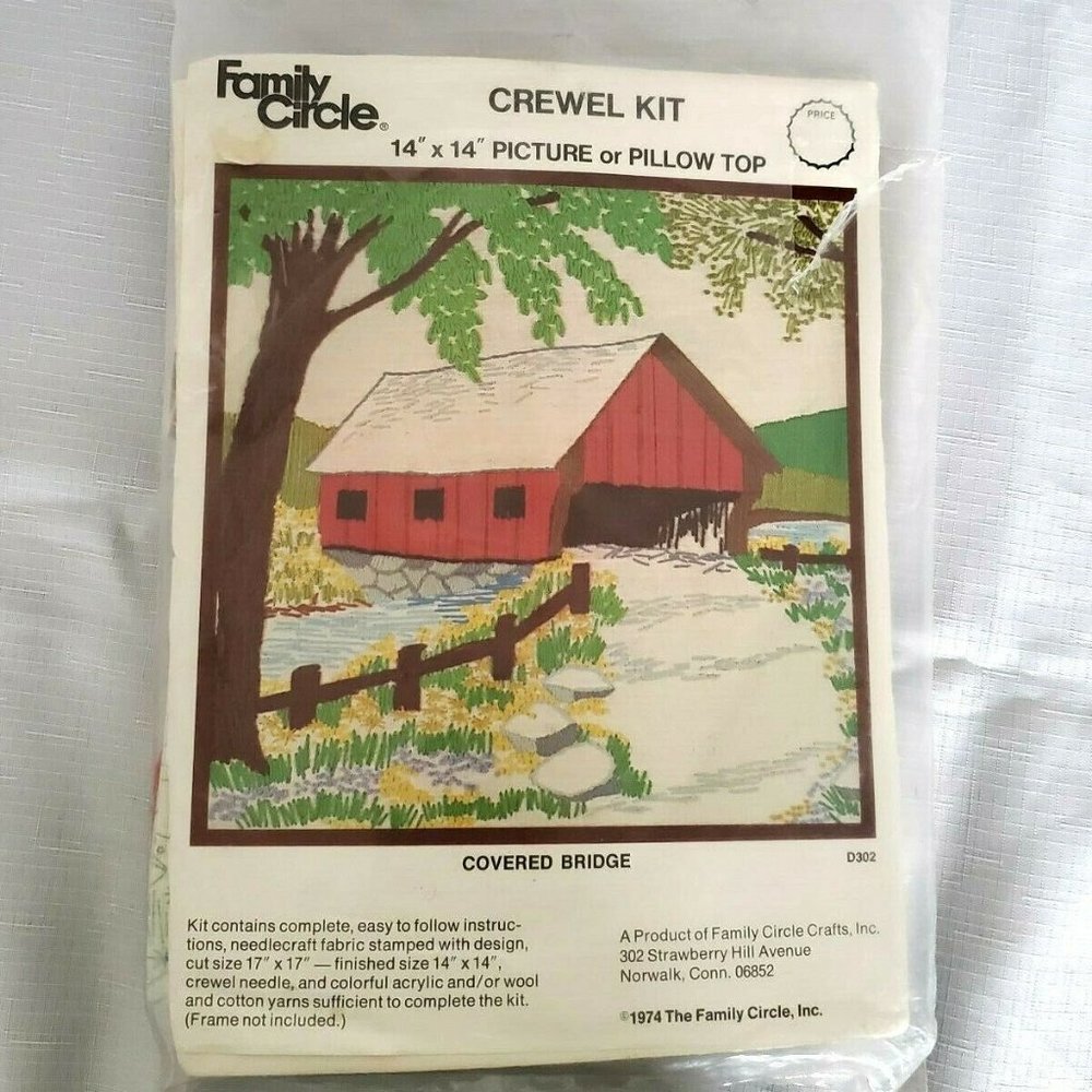 Vintage 1974 Family Circle "Covered Bridge" Crewel Kit-Picture or Pillow Top NOS